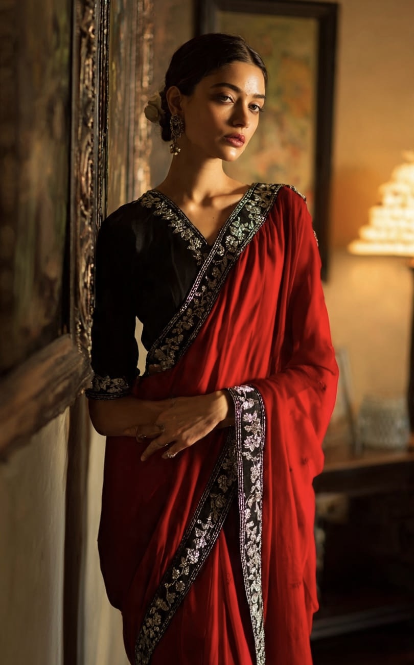 IMG_5101.JPG Black kattan silk blouse with Red chiffon Saree - Image 1