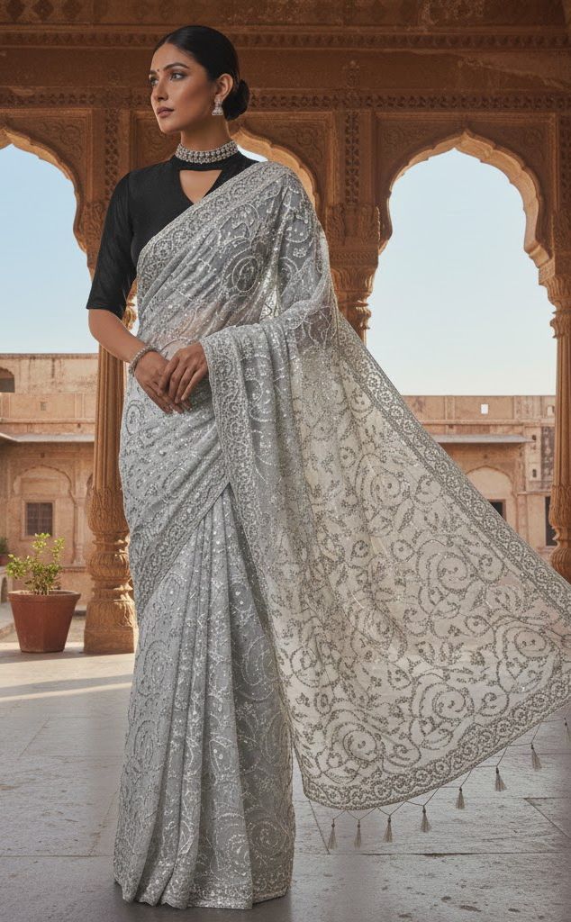 IMG_5105.JPG Black Kattan Silk Blouse With Grey cut Dana Saree - Image 1