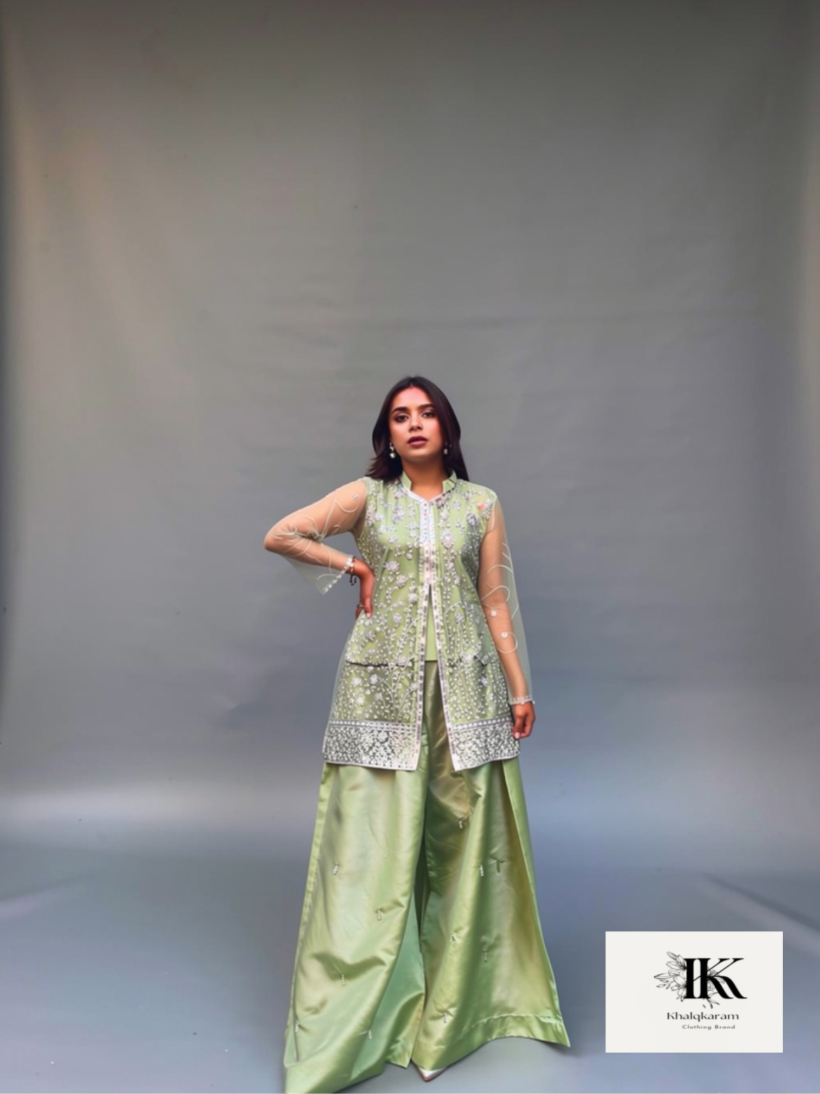 IMG_5149 Sea Green Jacket And Sharara Set with pearls embellishment. - Image 1