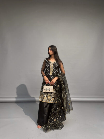Black Embroidered Shirt With Flapper Trouser
