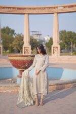 Silk Olive Green Angrakha Set Paired with organza dupatta.