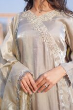 Silk Olive Green Angrakha Set Paired with organza dupatta. - Image 4