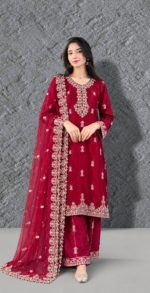 Ruby Red Sheesha Silk 3-Piece Suit | Khalqkaram