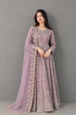 Lilac Net Maxi with Silk Inner, Embellished Dupatta & Potli | Khalqkaram