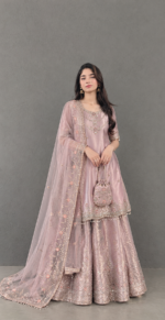 Blush Pink Silk Shirt & Lehenga with Pearl Embellished Net Gown & Dupatta | Khalqkaram
